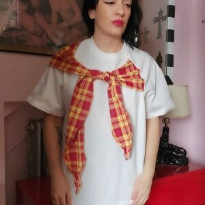 White T-Shirt with Red Plaid Accent